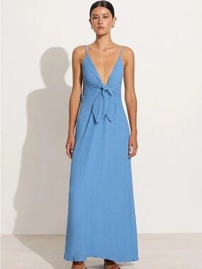 NWT Faithfull The Brand Verona Twist-Front Linen Midi Dress Blue XS